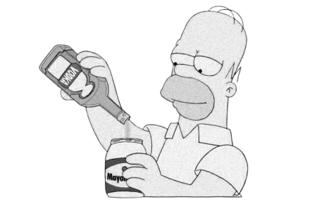 Homer Simpson pouring vodka into a jar of mayonnaise