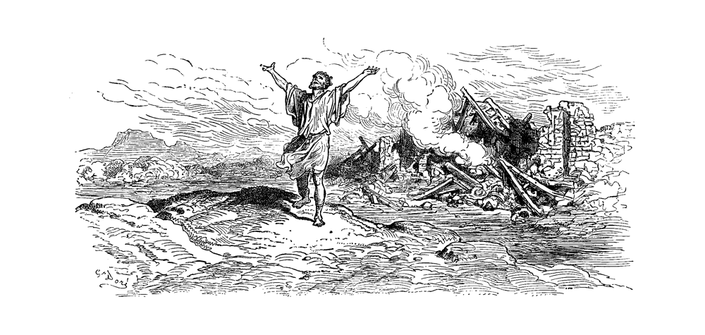 A man screams to the heavens as his home lies in ruins in the background