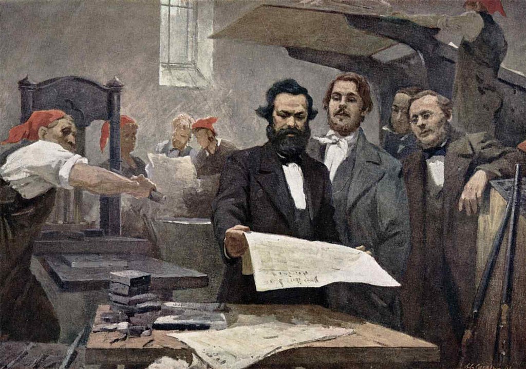 a painting of Karl Marx and Friedrich Engels at the Rheinische Zeitung printing house by E. Capiro in 1895